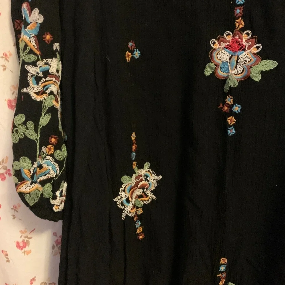 FREE PEOPLE Sz Small Oxford Embroidered Mini Dress Casual‎ Long Sleeves Boho